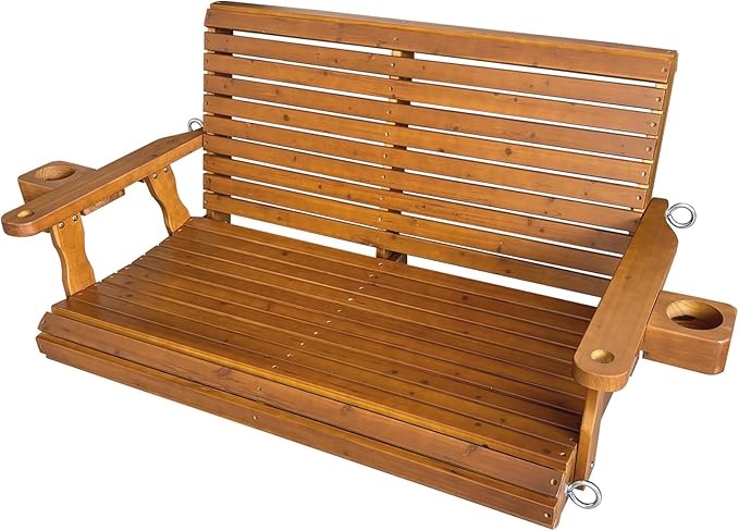 Wooden Porch Swing 2-Seater, High Backrest and Deep Seat, Bench Swing with Cupholders, Hanging Chains and 7mm Springs, Heavy Duty 880 LBS, for Outdoor Patio Garden (Cedar Tone - 4 FT Extra Large)