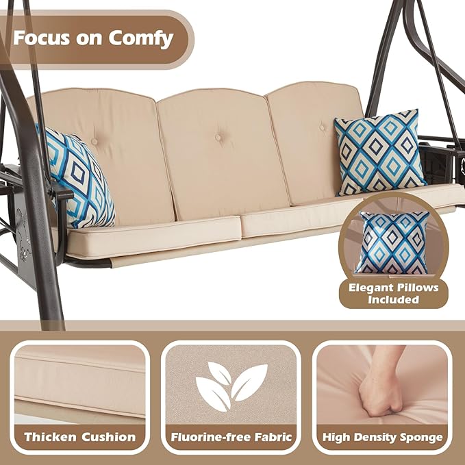 3-Seat Outdoor Porch Swing with Stand, Patio Swing with Canopy, 2 in 1 Porch Swing Bed & Patio Swing Chair for Adult, w/Extra Pillows and Cup Holder for Yard