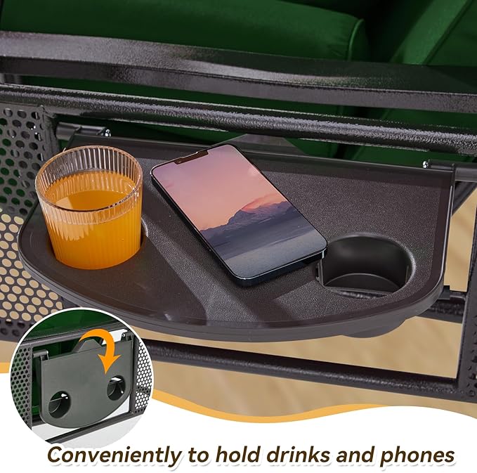 3 in 1 Outdoor Porch Swing with Canopy, 3 Seat Outdoor Swing for Adults, Patio Swing Chair with Thickened Cushions,Pillows & Cup Holders for Backyard, Porch, Garden (Green)