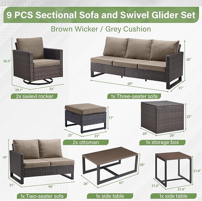 Belord Patio Conversation Set with Swivel Glider Chairs - 9 Piece Outdoor Sectional Furniture Set with Storage Box and Metal Top Table Brown Wicker/Gray Cushions