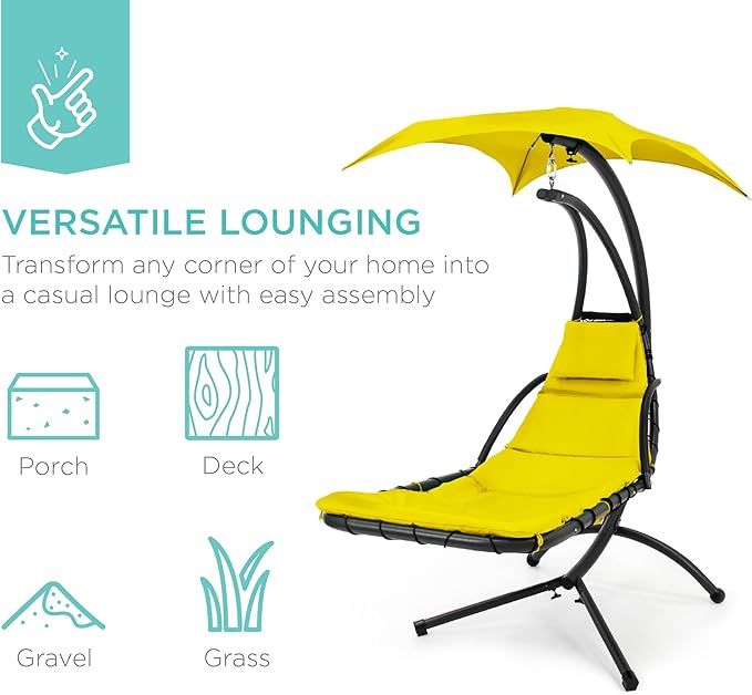 Best Choice Products Outdoor Hanging Curved Steel Chaise Lounge Chair Swing w/Built-in Pillow and Removable Canopy - Yellow