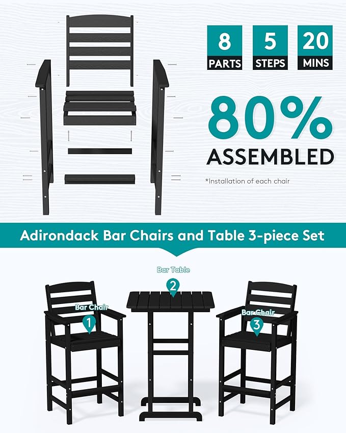 SERWALL 6 Pieces Outdoor Patio Bar Set with 9ft Umbrella, Outdoor HDPE Barstool and Table Furniture Set with Patio Umbrella, Black