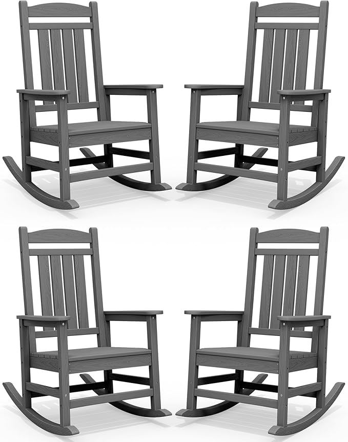 SERWALL Outdoor Rocking Chair Set of 4, HDPE Patio Rocking Chair, All-Weather Porch Rocker for Balcony, Yard, Dark Gray