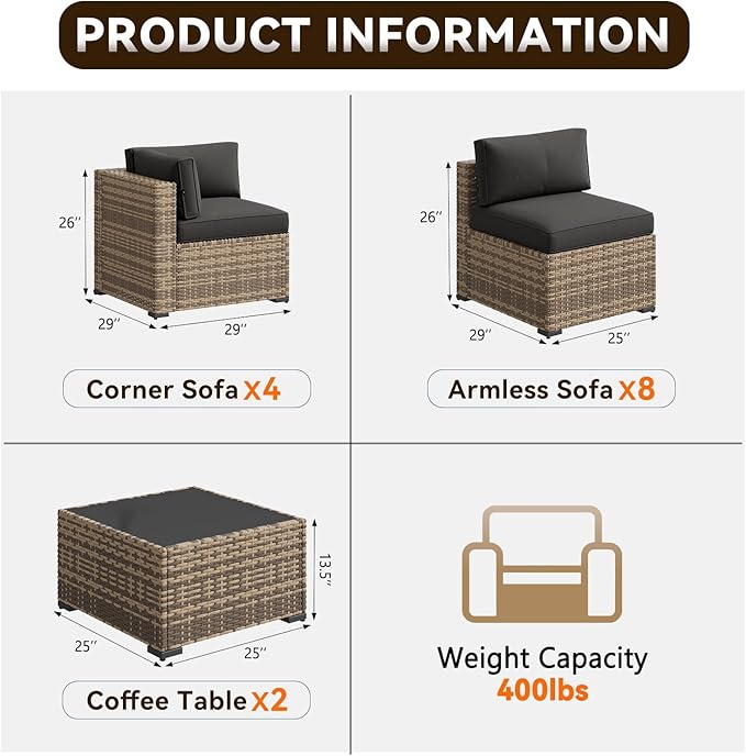 Aoxun Patio Furniture Sets, 14-Piece Outdoor Patio Furniture with 44'' Propane Gas Firepit Table, Wicker Outdoor Conversation Set Sectional Sofa for Backyard, Poolside, Garden