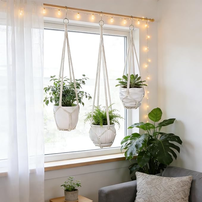 YIBOT 3 Pack Macrame Plant Hanger Indoor Hanging Planter for Plants Holder with 3 Hooks, 35"/29"/23" Size No Tassels for Boho Home Decor, Ivory (POTS NOT Included)