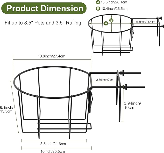 TQVAI 10 Inch Railing Planter - Fit for 3 to 5.5 Inches Railing - Adjustable Hanging Planters Outdoor Balcony Deck Flower Pot Holder Metal Baskets for Garden Orchid, Patio Ledge, 3 Pack, Black