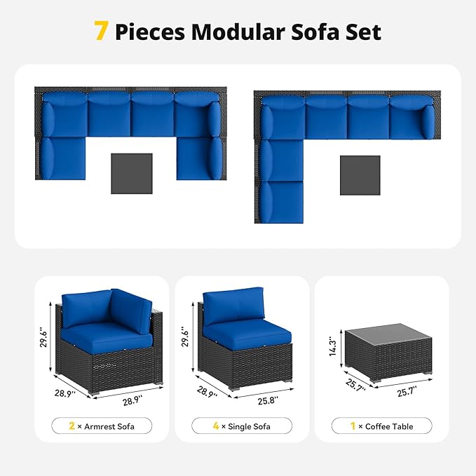 Aoxun Patio Furniture Set, 7 Piece Outdoor Sectional Sofas with Waterproof Cover, Wicker Rattan Outdoor Furniture Patio Conversation Set for Backyard, Garden Navy Blue