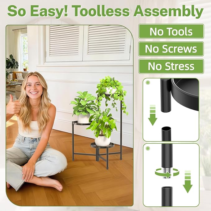 iDavosic.ly 3 Tier Large Plant Stand Indoor with 10 Inch Wide Tray, Tiered Corner Metal Outdoor Flower Display Holder Shelf, Folding Tall Rack for Patio Porch Living Room, Modern Black