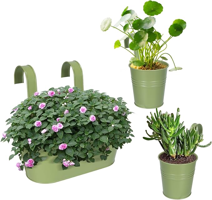 HowRU Metal Iron Flower Pots for Railing Fence Hanging Bucket Pots(5 Pcs) and Hanging Flower Pots Metal Iron Bucket Planter(10 Pcs) (Green)