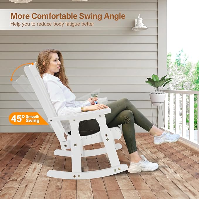 VINGLI Heavy Duty 600 LBS Outdoor Wooden Rocking Chair with Higher Backrest,Patio Rocking Chair with Ergonomic Design, Weatherproof Outdoor Rockers Suit for Patio, Garden, Balcony, Yard, White