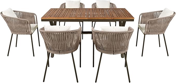 Merax 7 Pieces Patio Dining Table and Chairs, All-Weather Outdoor Furniture Set, Acacia Wood Tabletop, Metal Frame, for Garden, Backyard, Balcony, Beige