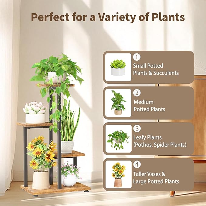 LASZOLA Black 4 Tiered Wood Plant Stand Indoor for Large Heavy Duty Planter, Sturdy Multi Level Corner Vertical Flower Rack for Narrow House, Rustic Tall Orchid Shelving Holder for Decor, Space Saving