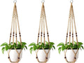 Mkono Macrame Plant Hanger Indoor Hanging Planter Basket with Wood Beads Decorative Flower Pot Holder No Tassels for Indoor Outdoor Boho Home Decor 35 Inch, Brown, Set of 3 (POTS NOT Included)