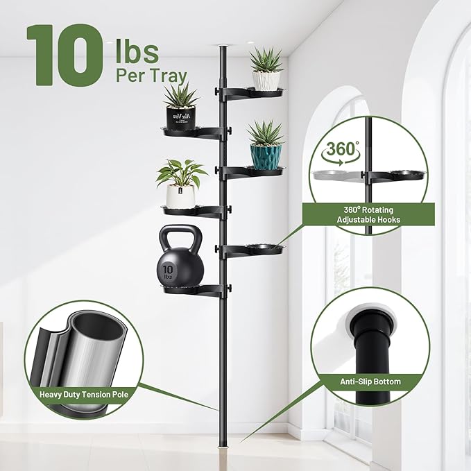 Tension Rod Plant Stand, Plant Poles for Hanging Plants Indoor, 6 Tier Tension Pole Plant Hanger, Floor to Ceiling Plant Pole with 6 Trays Hanging Plant Stand (Fit 3.6-10ft Ceiling)