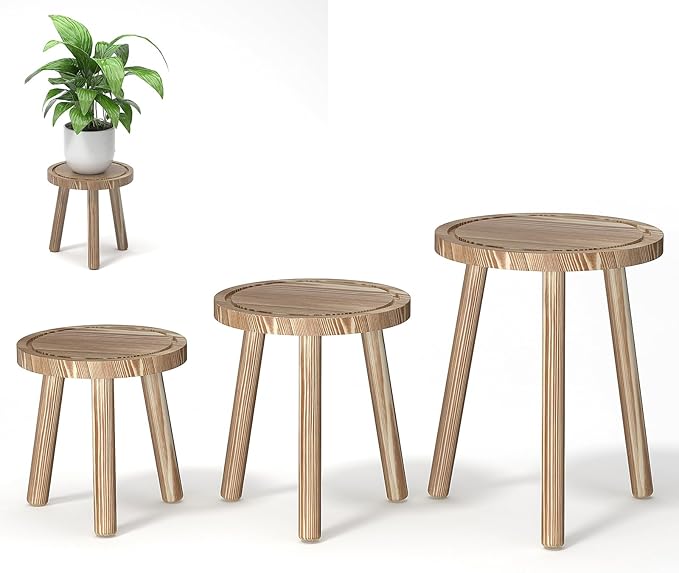 3-Pack Wood Plant Stands Indoor, Single Plant Stand for 6-12 Inch Pots, Mid-Century Modern Plant Stool, Tall Plant Stand for Large Plants for Living Room, Balcony, Office (Light Brown