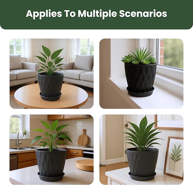 7/6.5/6/5.5/5/4.5/4 inch Plastic Plant Pots, 7 Pack Flower Planter for Indoor Outdoor Plant, Planters with Drainage Holes and Trays (Black)