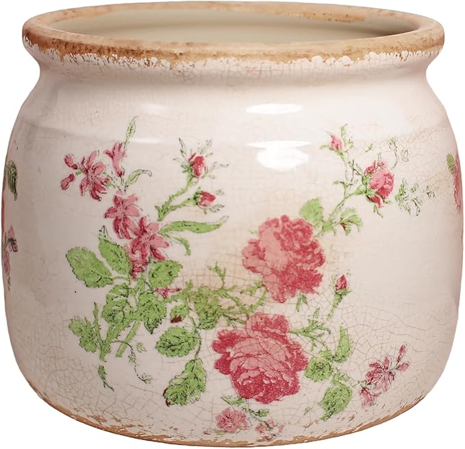 Decorative Pots Spring Decor, Pastel Floral Ceramic Garden Pots with Drainage, 6.29 Inch Pink Vintage Grandma Flower Pots for Indoor Plants & Succulent, Crackle Glaze Pottery Planters, Mom Gifts