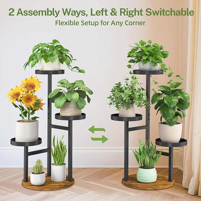 iDavosic.ly 3 Tier Plant Stand Indoor, Tiered Corner Metal Wood Multiple Flower Holder Shelf, Tall Orchid Display Rack for Patio Porch Living Room Balcony Outdoor, Brown