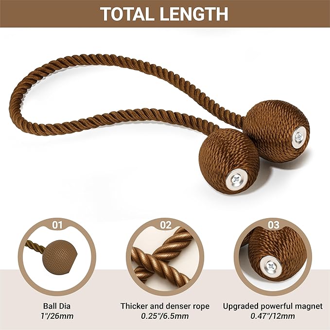 Hion Magnetic Curtain Tiebacks Dark Brown 4 Pack, Curtain Tiebacks Buckles Holdbacks Holders Hooks Clip for Home Bedroom Office Decorative Thick or Thin Curtain