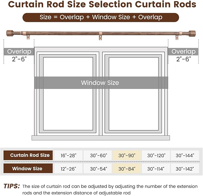 1” Diameter Curtain Rods Itself is 30 to 90 inch 1 Pack Fit 30-84 inch Window with Heavy Duty Adjustable Rod Matte Wood Grain Splicing Metal Extra Long Curtain Rod for Windows