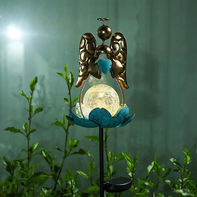 Solar Garden Lights Metal Flower Decor Colorful Solar Pathway Light with LED Cracked Crystal Ball Outdoor Decorative Stake for Patio Yard Lawn Garden Decor (Angel)