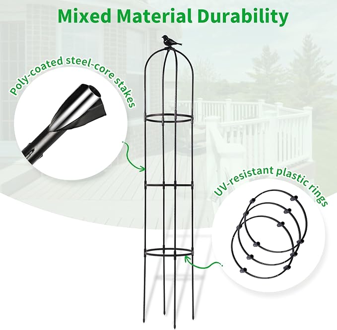 Lalahoni Garden Obelisk Trellis for Climbing Plants Outdoor, 6ft Round Rose Trellis for Pots, Metal Plant Support for Clematis, Jasmine, Ivy, Decorative Outdoor Trellis, Black, 1Pack