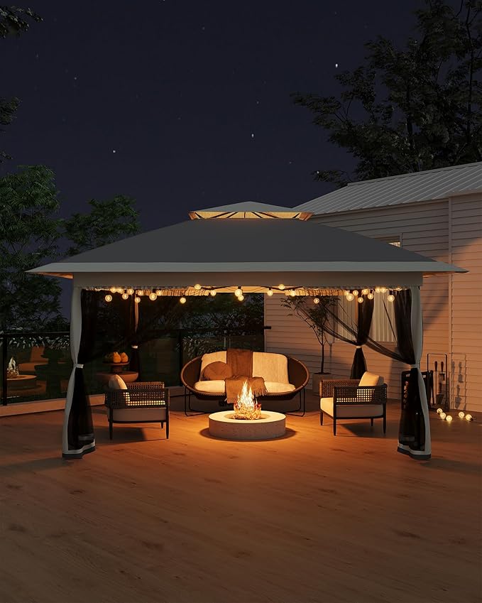 Canopy Tent 12x12 ft, Pop Up Gazebo One-Push Setup with 4 SandBags for Backyard Parties and BBQs, Mosquito Netting & Height Adjustable - Grey