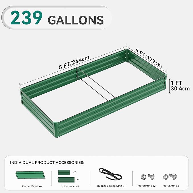 YITAHOME 96x48x12 in 2pcs Galvanized Raised Garden Bed Kit, Large Metal Planter Box with Gloves, Safety Rubber & Support Rod, Outdoor Flower Bed for Plants Vegetables, Green