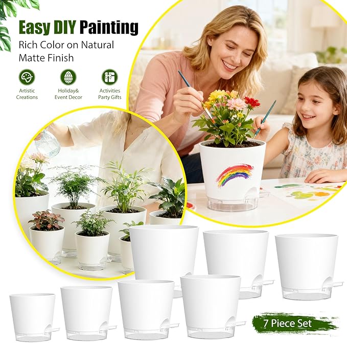 Plant Pots 4/5/5.5/6/6.5/7/8 Inch Self Watering Pots, 7 Pack Plastic Planters with Drainage Holes and Clear Saucers,Plastic Flower Pots,Nursery Planting Pot for Indoor Out Door Plants(White)