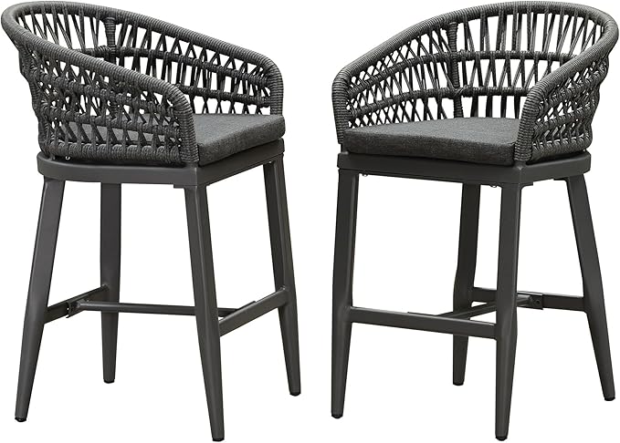 PURPLE LEAF Outdoor Rattan 24" Counter Height Bar Stools Chair Set of 2, Modern Upholstered Patio Bar Stool with Backrest for Indoor and Outdoor, Kitchen Island, Grey