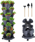 DUNCHATY Stackable Planter, Vertical Garden Planter with Wheels and Tools, Self Watering Strawberry Planter Indoor/Outdoor 7 Tier Herb Planter Pots for Growing Vegetables and Succulents, Dark Gray
