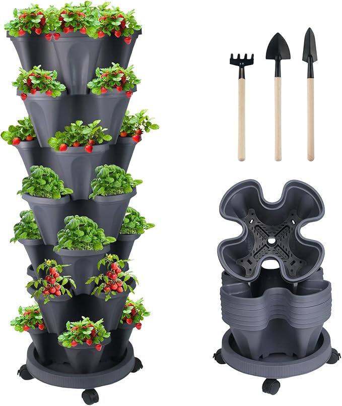 DUNCHATY Stackable Planter, Vertical Garden Planter with Wheels and Tools, Self Watering Strawberry Planter Indoor/Outdoor 7 Tier Herb Planter Pots for Growing Vegetables and Succulents, Dark Gray