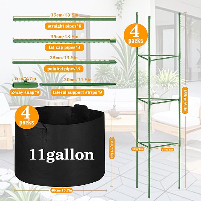4 Pack Tomato Cages with 11 Gallon Grow Bags for Garden 55inch Tomato Planter with Trellis Heavy Duty Plant Stakes Support Frames for Climbing Vegetables Flowers Fruits Flowers