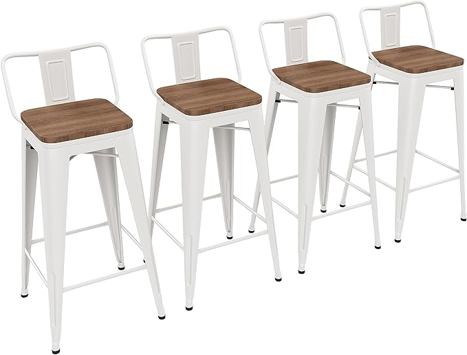 Yongchuang 30 inch Metal Bar Stools Set of 4 Bar Height Barstools with Wood Seat Low Back Kitchen Bar Chairs Cream White