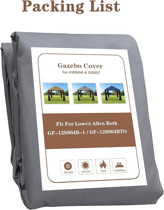SCOCANOPY Replacement Top for The Lowe's Gazebo Model #GF-12S004B-1 / GF-12S004BTO (Grey Ripstop)