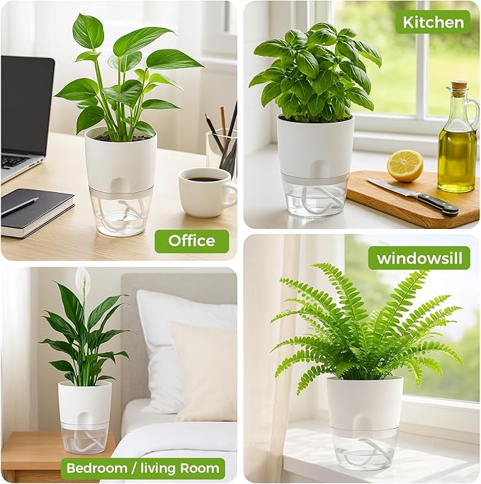 Planterhoma 3 Pack Self Watering Pots for Indoor Plants, 6 Inch Plant Pot Plastic Self Watering Planter for Orchid, African Violet, Small Clear Flower Pots with Drainage Holes and Wicking Rope, White