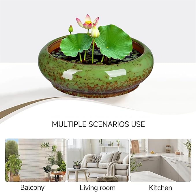 7.3 Inch Succulent Planters Pots Shallow Ceramic Glazed Planter Pots, Lotus Bowl Planter Round Shallow Planter Water Lily Pot for Indoor/Outdoor Plants Decorative (Green