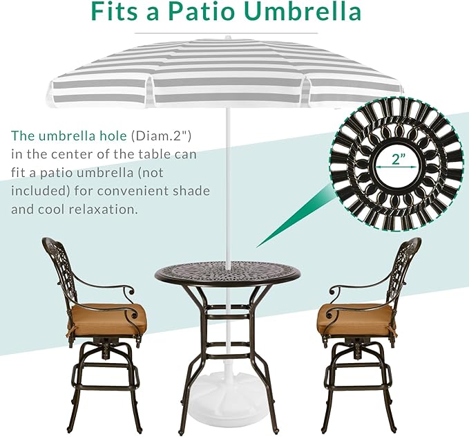 VIVIJASON 3-Piece Patio Swivel Bar Stools Set, All Weather Outdoor Cast Aluminum Bar Height Bistro Set with 2 Cushioned Bar Chairs & 35.4" High Bar Table w/Umbrella Hole for Backyard, Lawn, Garden
