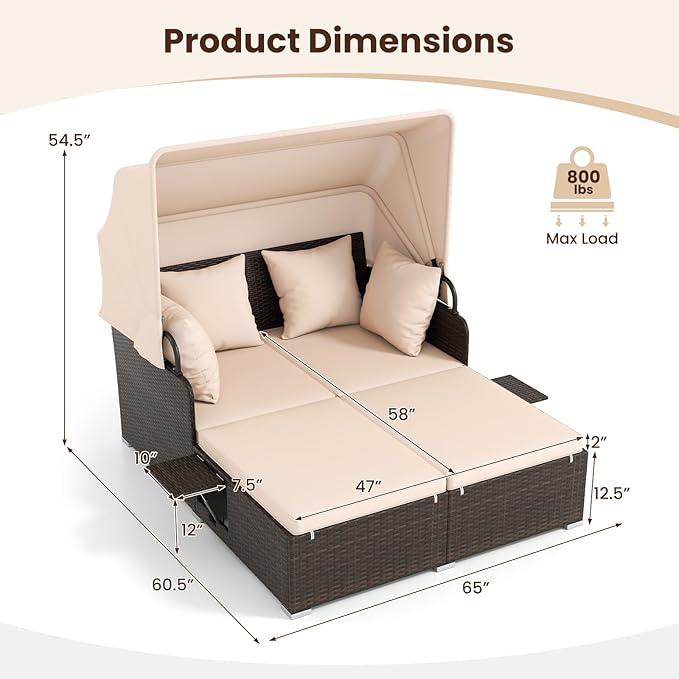 Tangkula Patio Rattan Daybed with Retractable Canopy, Outdoor Wicker Sunbed with 2 Foldable Side Tables, Thick Seat & Back Cushions, Outside Double Daybed for Garden, Backyard, Porch, Beige & Brown