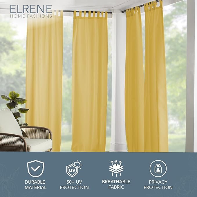 Elrene Home Fashions Matine Weatherproof Tab-Top Indoor/Outdoor Solid Color Curtain Panel for Porch, Pergola, Patio, Deck, 52”W x 84”L, Yellow