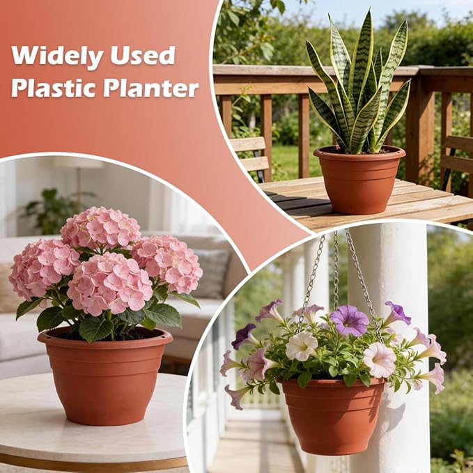 3 Pack 11 Inch Plant Pots with Drainage,Terracotta Plastic Planters for Indoor Outdoor Plants,Hanging Flower Pots for Patio,Garden,Balcony (Pottery Red)
