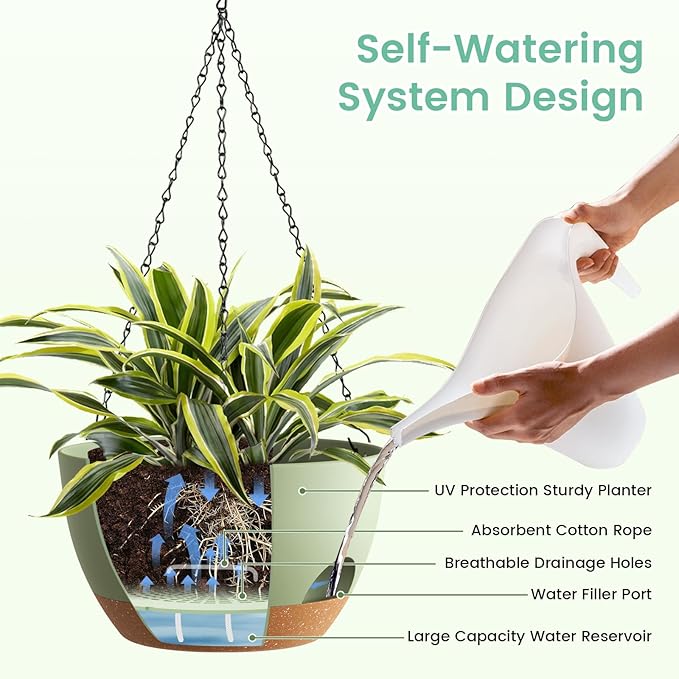 4 Pack 8 Inch Self Watering Hanging Planters for Indoor Outdoor Plants，Hanging Pots for Plants with Drainage Removable Tray, Hanging Baskets Flower Pots for Pothos Spider Garden Green with Brown