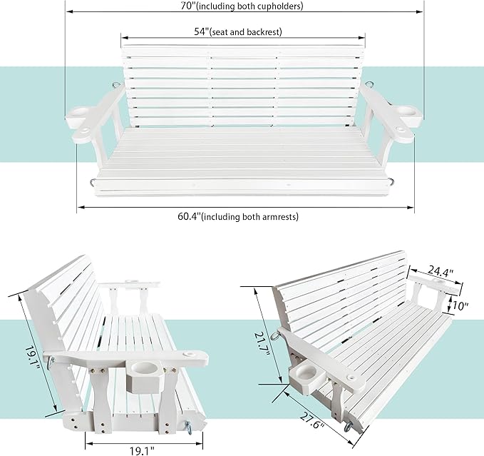 Wooden Porch Swing 3-Seater, High Backrest and Deep Seat, Bench Swing with Cupholders, Hanging Chains and 7mm Springs, Heavy Duty 880 LBS, for Outdoor Patio Garden (Pure White, 5 FT Extra Large)
