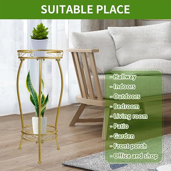 Plant Stand Indoor Outdoor 2 Tier 27'' Tall Metal Potted Rack Flower Pot Stand Heavy Duty Rustproof Iron Multiple Plant Supports for Garden Balcony Patio (Golden)