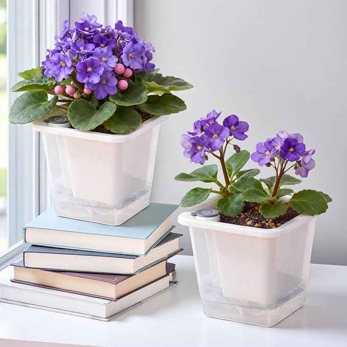 FAMZ Self Watering Pots for Indoor Plants 3 Pack，Clear Plant Pots with Drainage for African Violet、 Orchid、Succulent Plants Square Plant Pots（White 5.12"）