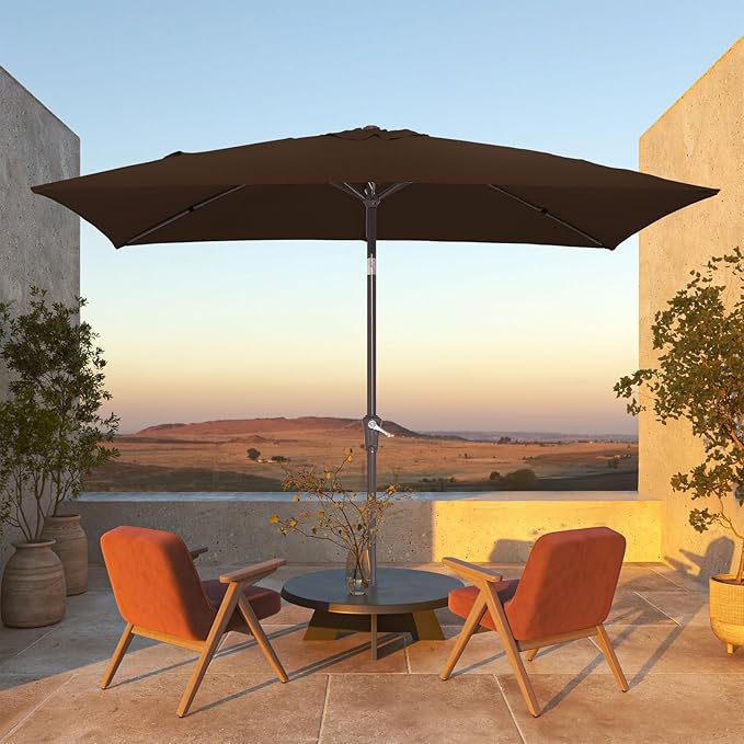 JEAREY 6.5x10 ft Rectangular Patio Umbrellas Rectangle Outdoor Umbrella with Push Button Tilt and Crank, Market Table Umbrella 6 Sturdy Ribs UV Protection for Poolside Garden Backyard Deck, Brown