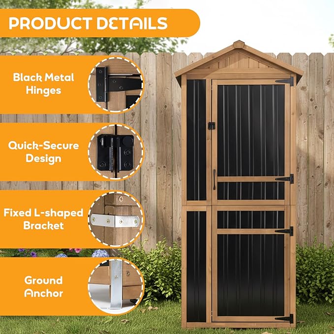 Outdoor Storage Cabinet, Wood & Metal Garden Shed with Waterproof Asphalt Roof, Patio Organizer with 3 Fixed Shelves & Removable Shelf for Long Tools, Lockable Magnetic Doors for Backyard Garage Pool