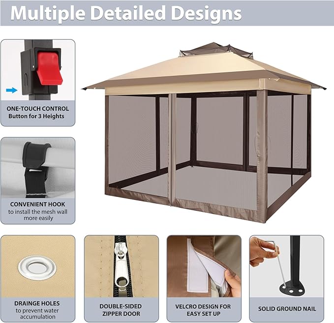 COBIZI 11x11 FT Pop up Gazebo Canopy Tent - Outdoor pop up gazebos on Clearance,carpas para Patio,Shelter - Screen Tents with Portable Carry Bag,Patio Gazebos for Camping,Garden,Deck,Backyard,Brown