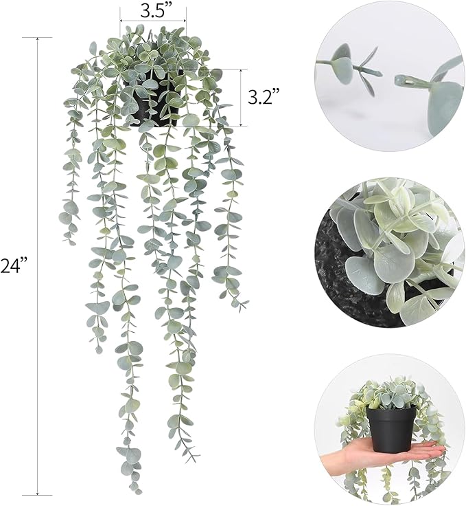 COCOBOO 1pcs Artificial Hanging Plants, Fake Potted Eucalyptus Faux Hanging Plant for Wall Room Home Indoor Outdoor Shelf Decor