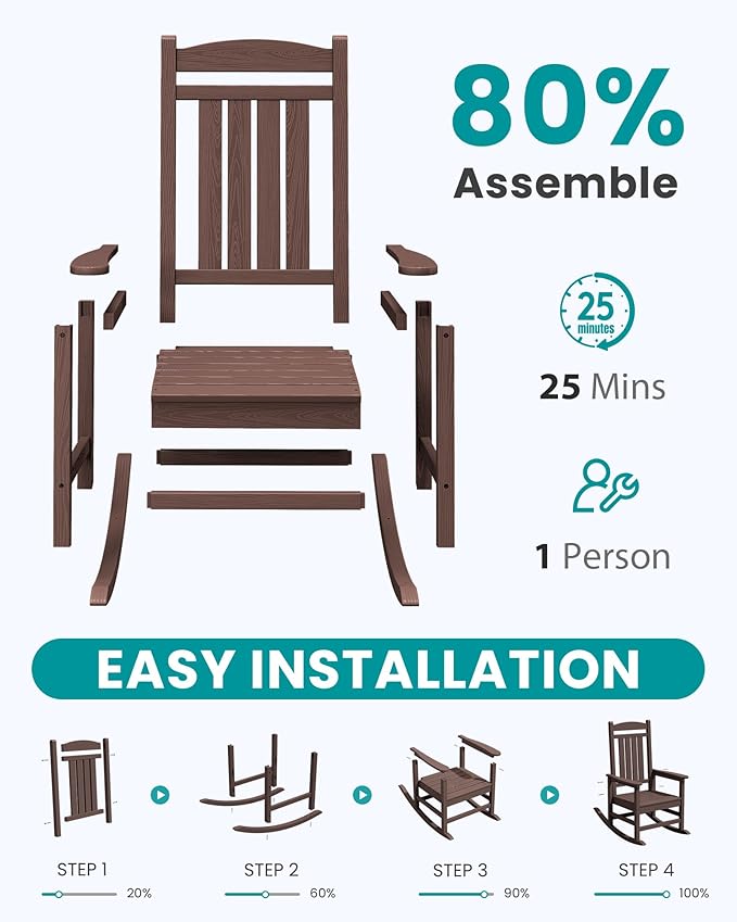 SERWALL Oversized Outdoor Rocking Chair, All-Weather Patio Rocking Chair, HDPE Porch Rocker for Adults, Coffee